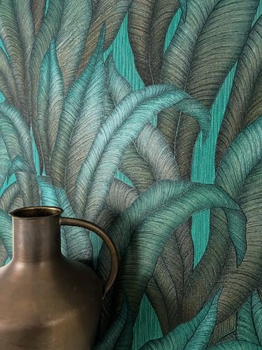 NEWROOM carta da parati Verdi Giungla Tessuto non Tessuto - Moderno Turchese Metallico Palme Foglie Tropicale