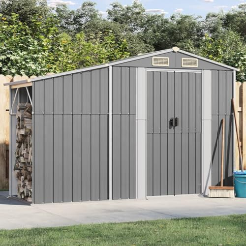 Gecheer Casetta,da Giardino,per Esterno,con Portalegna,con Porte,in Acciaio Zincato,Grigio,277x93x179 cm,Casetta Utensili da Giardino Acciaio