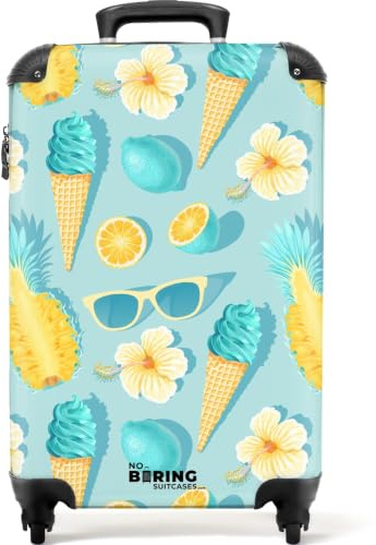NoBoringSuitcases© © Valise Rigide de Voyage Valise à roulettes Coque Dure | 55x35x20 cm - en Bagage à Main - Taille Moyenne en 12 Images (Motif estival avec des fleurs et des cornets de glace, )