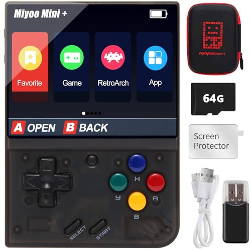 Console de jeu portable Miyoo Mini Plus avec étui de rangement, 3,5 pouces rétro vidéo rechargeable, émulato, carte TF 64 Go intégrée et plus de 10 000 jeux.