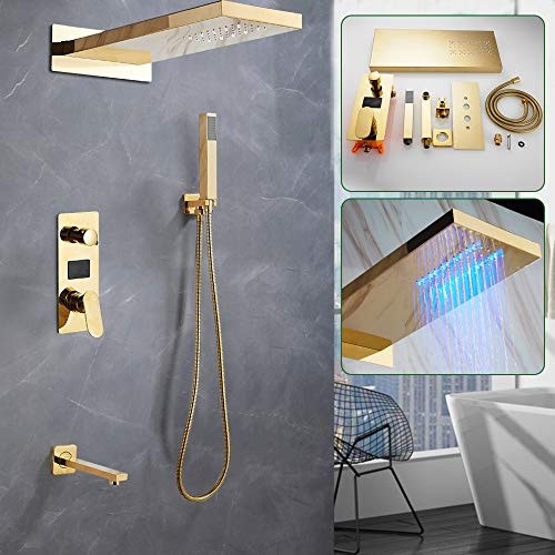 Duschamarturen Verstecktes, Duscharmatur Set Messing Duschsystem Unterputz mit Thermostat, G1/2 Kopfbrause Handbrause Duschset für Badewannen (Gold)