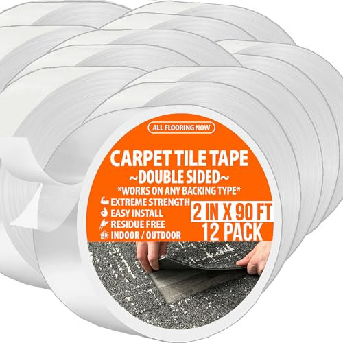 All Flooring Now Carpet Tile Tape Double Sided 2in x 90ft (Bulk 12 Pack) Heavy Duty Reinforced Web Mesh Residue Free Indoor Outdoor for Carpet Tiles, Hardwood, Vinyl, Rugs, Carpet, Rubber, Mat Gripper
