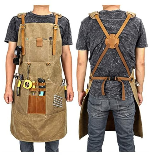 Schweißschürze, Tischlerschürze – strapazierfähige Arbeitsschürze aus gewachstem Segeltuch mit multifunktionalen Taschen, vollständig verstellbare Werkzeugschürze for Friseur, Holzbearbeitung und Gart