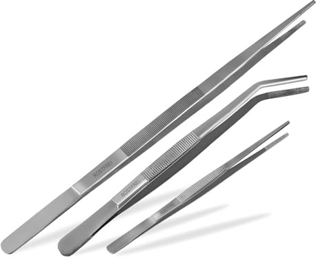 Premium Bratzangen Set 3-teiliges Kochpinzetten-Set Gerade und Gebogen | Grillpinzette Grillzange Kochpinzette große Zangen Ausführung aus rostfreien Edelstahl mit Innenzahnung. Praktisches 3er-Set