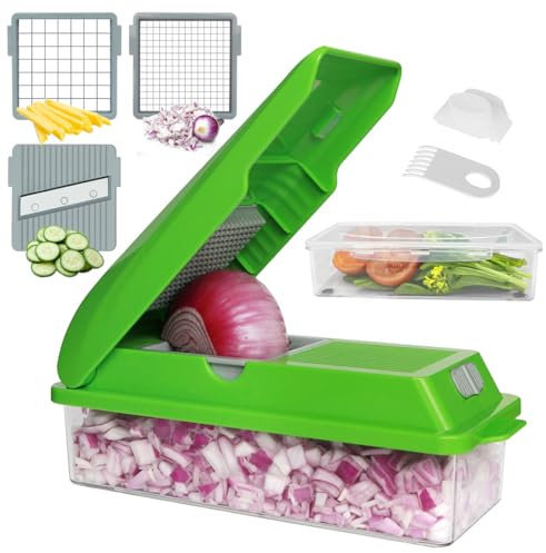 LHS Vegetable Chopper, Multifunctional Food Chopper, Pro Onion Chopper, Vegetable Slicer Dicer Cutter with 3 Blades, Veggie Chopper with Container(6-in-1,Green)