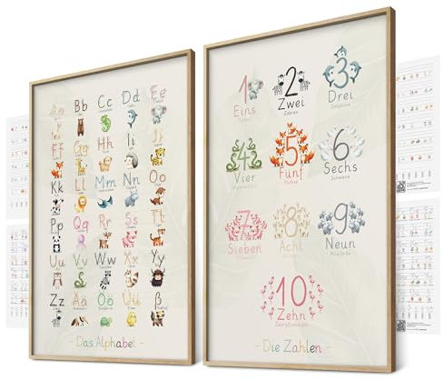 Multisensorisches ABC & Zahlen Poster Set – Montessori Lernposter für Kinderzimmer, Babyzimmer Deko Bilder (2x DIN A3 + 4 Übungsblätter)
