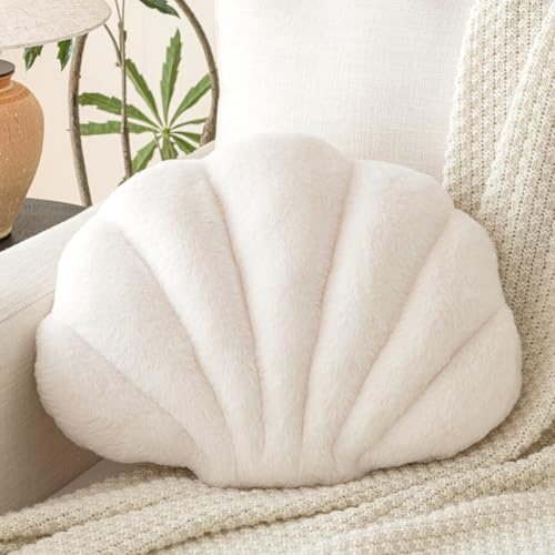 Znhinery Shell Pillow, Seashell Throw Pillow with Soft Rabbit Plush for Couch Bed, Shell Shaped Decorative Ocean Pillow Stylish Beach Cushion Room Aesthetic Home Decor