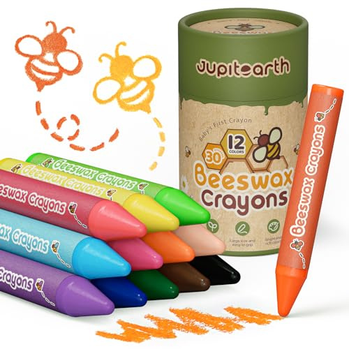 JUPITEARTH Jumbo Buntstifte 12 Ungiftige Babymalstifte aus Natürlichem Bienenwachs Wachsmalstifte Ab 1 Jahr, Unzerbrechlich Waschbare Sichere Kleinkindmalstifte für Kinder Malzubehör