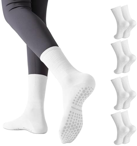 Prizmxed stoppstrumpor dam 4 par, ren bomull, pilatesstrumpor ger stabilen stöd, yogastrumpor är för pilates, Vit, one size