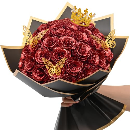 Waipfaru Roter Glitzer-Rosenstrauß, DIY-Blumenstrauß, Geburtstagsgeschenke für Frauen, Mutter, Oma, Ehefrau, Freundin, 36 Stück künstliche Rosen für Valentinstag, Muttertag, Jahrestag