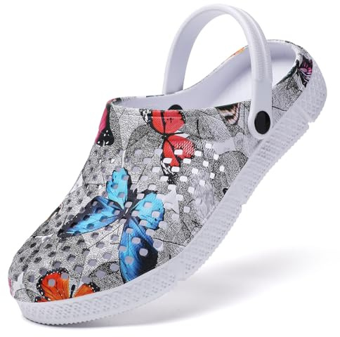 SECHRITE Dam träskor trädgårdsskor slip-on komfort utomhus strandtofflor lätta vattentäta sommarsandaler - fjärilstryck, Grå fjärilar, 39.5 EU