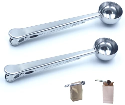 Stainless Steel Coffee Scoop with Clip – 2-in-1 Coffee Measuring Spoon (1 Tbsp) for Ground Coffee, Tea, Protein – Rustproof, Dishwasher Safe, Bag Sealer for Freshness(2 PCS）