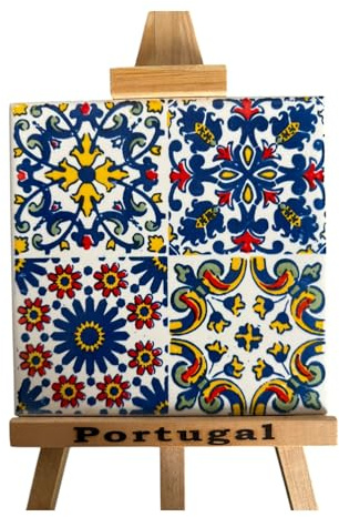Portugal Azulejo-Keramikfliesen mit Holzständer, portugiesische Keramik, Heim- und Wanddekoration, schönes Geschenk, Souvenir aus Portugal (mehrfarbige Fliesen)