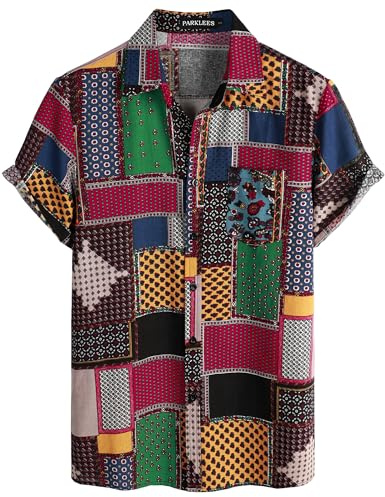 PARKLEES Men's Cotton Linen 70s Vintage Pattern Old Style Shirt Casual Short Sleeve Button Down Retro Shirts