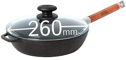 BIOL Sartén profunda de hierro fundido con tapa de vidrio resistente al calor y mango de madera desmontable, 24-26-28 cm, inducción, sartén universal para freír (Con tapa, 26 cm)