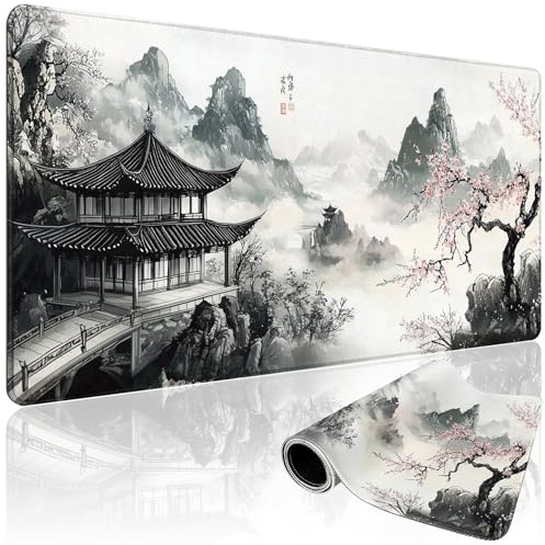 Mcapirivo Grand tapis de souris de jeu japonais noir et blanc en fleurs de cerisier 80 x 40 cm | XXL – Base en caoutchouc antidérapant et bords cousus – Tapis de souris étendu pour PC/ordinateur
