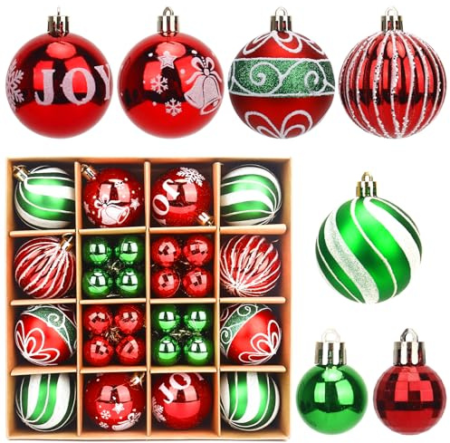 Weihnachtskugeln, 44er Set Christbaumkugeln Weihnachtskugel mit Aufhänger, Weihnachtsbaumschmuck Christbaumschmuck Kugeln, Weihnachtsdeko Außen Innen,Thema Rot Grün