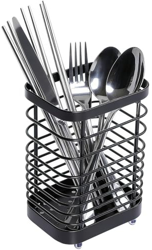 Qobobo Porte-ustensiles de cuisine pour le plan de travail, porte-couverts en acier inoxydable noir, porte-ustensiles, récipient pour ustensiles de cuisine, rangement des ustensiles de cuisine