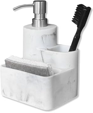 Novatta Seifenspender 310ml mit Bürstenhalter & Schwammablage | Küche Spülmittelspender Set | Edelstahl-Pumpspender für Flüssigseife | Harz (weiß)