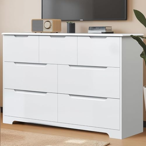 Blishom Cassettiera Camera da Letto con 7 cassetti,settimino camera da letto,Moderno e Salvaspazio per la Camera da Letto Soggiorno e Ingresso,120x40x83CM,Bianco