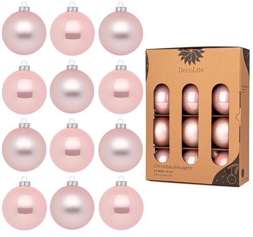 DecoLite Weihnachtskugeln Glas 8 cm, 12er Set, Rosa Matt-Glänzend | Christbaumkugeln innen echt versilbert, inkl. S-Aufhänger, plastikfreie Kartonbox, Christbaumschmuck für Tannenbaum