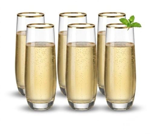 Sihanoukville Gold Rim Stemless Champagne Flutes - Set of 6 Crystal Glasses, 9.4oz. Perfect for Cocktails, Water, Highball, and Bar Glassware. Ideal for Weddings and Parties