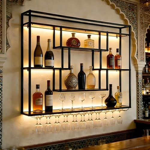 SPTZQURY Wine Rack Wall Mounted with LED Light, Industrial Metal Wall Bar Rack with Glass Holder, Large Wine Glass Rack Wall Mounted, Suitable for Restaurants and Home Bars (55 * 47.2 * 7.8in)
