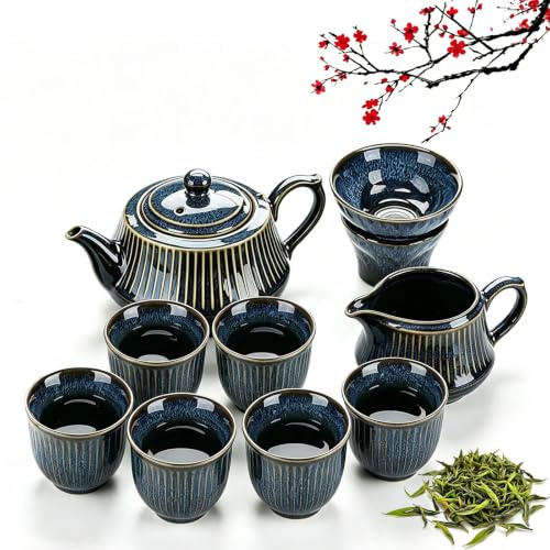 Chinesisches Gongfu-Tee-Set aus Porzellan, 10 Stück Keramik Teekannen-Set | Schönes Chinesische Teeservice aus Keramik, 270ml Teekanne und 6 Tasse 70ml Kungfu Tee Services, Asiatische Teekanne, Blau