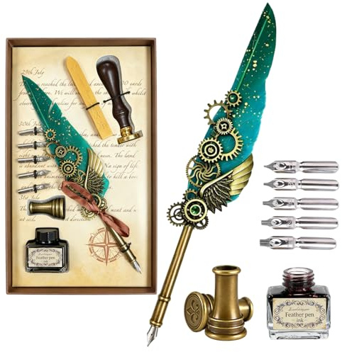 Joyeee Ensemble stylo plume et encre bleu, y compris stylo plume de style mécanique punk, encre noire, porte-stylo, boîte cadeau, stylo d'écriture fantaisie kit de calligraphie pour les amateurs