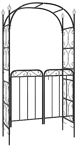 Trädgårdsbåge med grind, svart, 108 x 45 x 235 cm, stål, pulverlackering, rosbåge, pergola, spaljé, klätterväxt, växtstöd för trädgård, entré, terrass