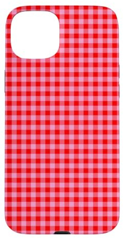 Custodia per iPhone 15 Plus Rosa e Rosso Mini Gingham Carino Piccolo Check Cottagecore