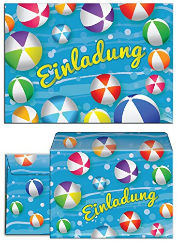 JuNa-Experten 8 Einladungskarten zum Kindergeburtstag Schwimmbad incl. 8 Umschläge/Party Wasserbälle/Pool Party/bunte Einladungen zum Geburtstag (8 Karten + 8 Umschläge)