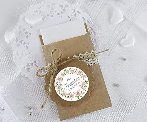 Freuden Tränen Taschentücher Set zur Hochzeit Klein 24 Sticker + 24 braune Flachbeutel - Kraftpapier - 63 x 93 mm für Freudentränen Taschentuch Verpackungen Aufkleber in ROSA mit Rosenkranz