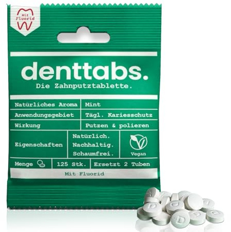 Denttabs Zahnputztabletten die vollwertige Alternative zur Zahnpasta, 125 Stk. für 2 Monate. Mint mit Fluorid - VEGAN Plastikfrei ohne Konservierungsstoffe. Im Orginal denttabs kompostierbaren Beutel
