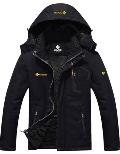 GEMYSE Herren Skijacke Winddichte Wasserdichte Fleece Winterjacke mit Kapuze für Outdoor(Schwarz,XL)