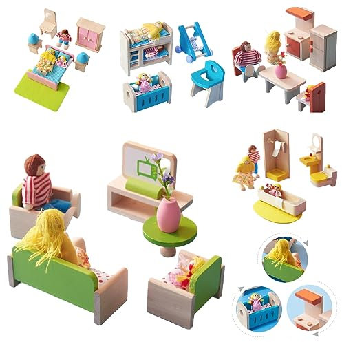 DecoBay Wooden Dolls House Furniture 5 Sets Bedroom, Kitchen, Bathroom, Living Room and Nursery (5 Sets of Room Furnitures)