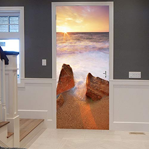 A.Monamour Türtapete Selbstklebend Türfolie Türposter 3D Ozean Meer Wellen Felsen Steine ​​Sandstrand Sonnenuntergang Natur Vinyl Folie Türdeko Tapete Wandbild Türaufkleber Türtattoo 83 x 204 cm