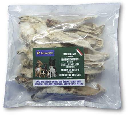 AnnonPet® 250 Gramm Kaninchenohren mit Fell | Dehydriert und fettarm | Natürlich, hypoallergen | Hundesnacks zur Unterstützung der Darmreinigung | Kauartikel Kausnack