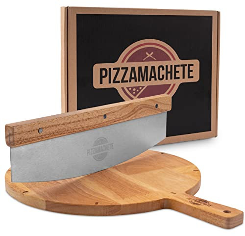PIZZAMACHETE Pizzaschneider + Pizzabrett , Pizza Set bestehend aus Wiegemesser und Pizzaschneidebrett, -Zubehör mit Cutter aus rostfreiem Edelstahl, Bretter Holz-Griff
