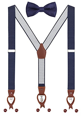 WANYING Hombre Tirantes Pajaritas Set 2 WAY TO WEAR 6 Cuero Ojal 3 Clips Y-forma 3.5cm Ancho Extendido Tirantes para Altura 160-200cm - Patrón de lunares Azul marino