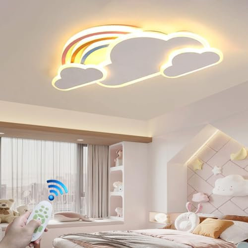 Kinderzimmerlampe LED Dimmbar Fernbedienung Deckenleuchte Mädchen Junge Schlafzimmer Deckenlamp Moderne Regenbogen Wolke Designer Pendelleuchte Wohnzimmer Esszimmer Bad Kronleuchter (42CM/37W, Weiß)