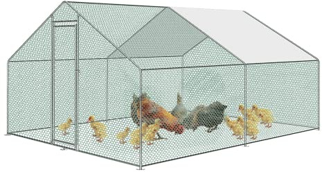 UISEBRT Hönshus, utomhusinhägnad, fjäderfähus, burar, smådjurshus, galvaniserad stålram med PE-tak för fjäderfä, kaniner, små husdjur (3 x 4 x 2 m)