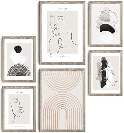 decomonkey 6er Poster Set ohne Bilderrahmen, Abstrakt Beige, 4x A4 & 2x A3 | 4x DIN A4 & 2x DIN A3, Wohnzimmer, Schlafzimmer, Wandposter, Bilder, Collage, Modern, Wanddeko, Line, Art, Sprüche, Schwarz