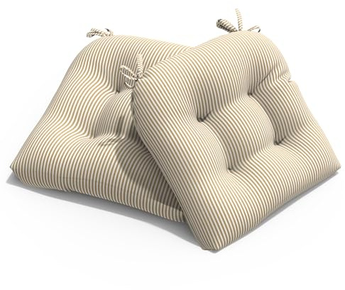 Melody Elephant Patio Wicker Chair Cushions, All Weather Outdoor Tufted Chair Pads Pack of 2, 19 x 19 x 4 Inch U-Shaped Seat Cushions of Garden Furniture Decoration, Stripe Beige