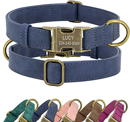 Didog Personalisiertes Leder-Hundehalsband, weiches langlebiges individuelles verstellbares Hundehalsband mit Namensschild Schnellverschluss-Metallschnalle für kleine, mittelgroße große Hunde, blau, L