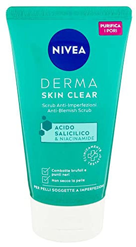 NIVEA Derma Skin Clear Scrub Viso Anti-Imperfezioni 150 ml, Scrub esfoliante per la cura della pelle grassa e mista con Acido Salicilico, Sale Marino e Niacinamide, Esfoliante viso e corpo purificante