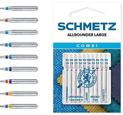 SCHMETZ | 10 Nähmaschinennadeln | Combi-Box Allrounder Large | 130/705 H XWS | Sortierungen | Universal/Jeans/Stretch/Microtex/Nachstick (Topstitch)