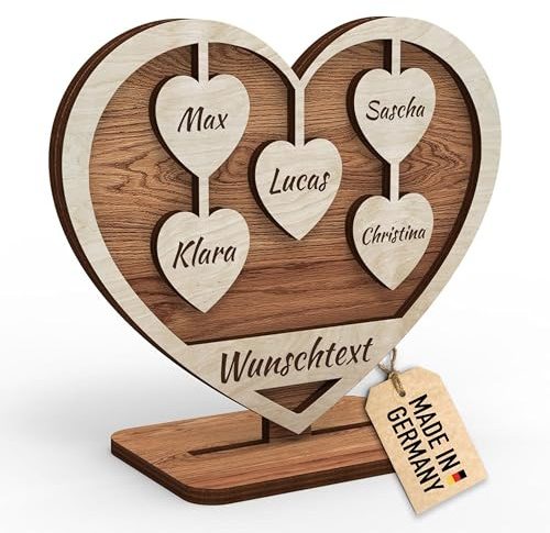 Urhome Holz Herz mit Gravur 5 Namen personalisiert Holzdeko Herzform Schild Geschenk für Großeltern Mama Oma Opa Eltern Mutter Hochzeit Muttertag Wunschtext Individuell mit Ständer