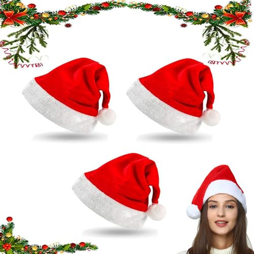 OUOQI Weihnachtsmützen, 3 Pcs Nikolausmützem, Nikolausmütze Plüsch, Rote Santa Mütze Warm, Dicker nikolausmütze, Weihnachtsmann Mütze Plüsch, Rot Weihnachtsmützen Plüsch, Weihnachtsmütze Erwachsene