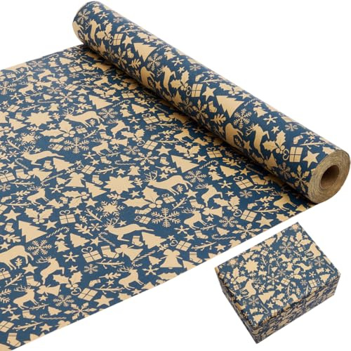 Rotolo di carta da regalo natalizio 43 cm × 20 m, carta da regalo Kraft stampata con vari motivi natalizi, rotolo di carta Kraft riciclabile per confezioni regalo di nozze di compleanno di Natale